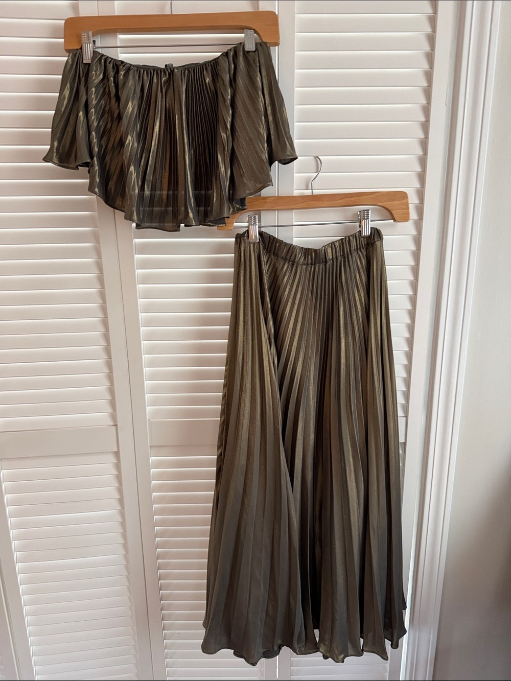 Anthropologie Gold Pleated Midi Skirt Set - Two-Piece